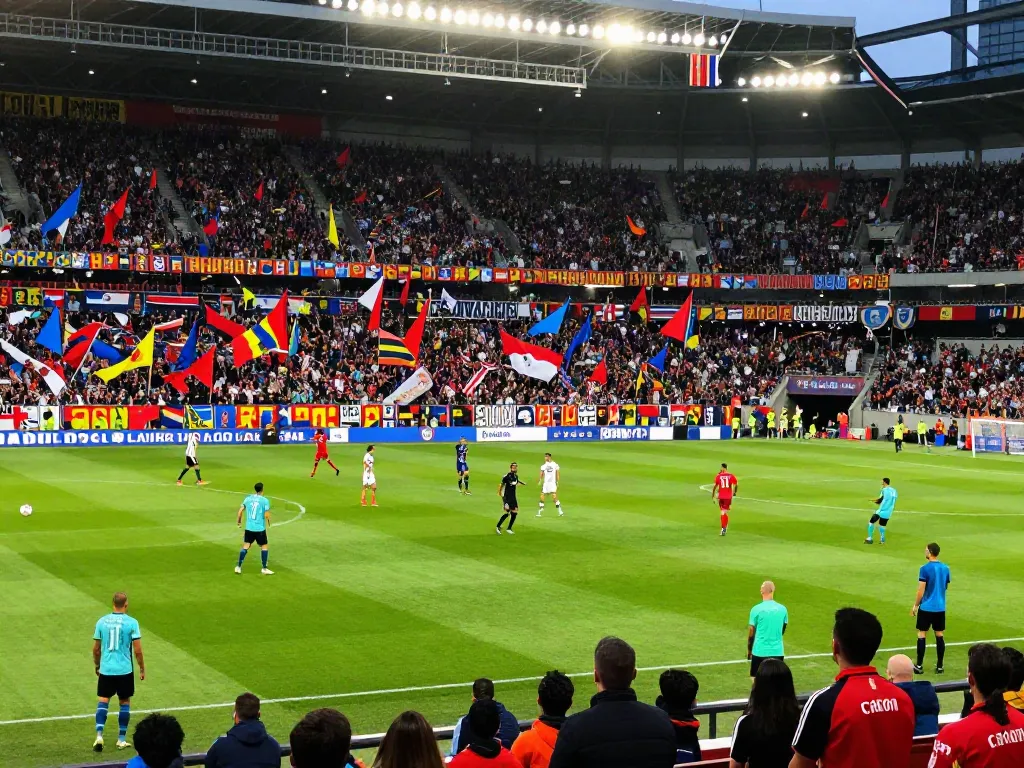 Exciting match atmosphere at a packed football stadium featuring fans and players, highlighting the TOP10สนาม.