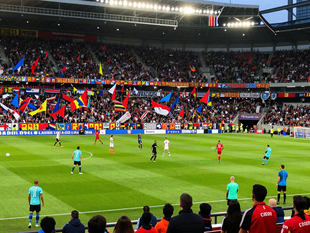 Exciting match atmosphere at a packed football stadium featuring fans and players, highlighting the TOP10สนาม.