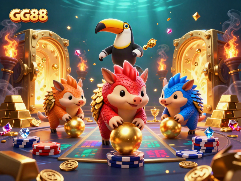 Experience thrilling action at GG88 with pangolins bowling through poker chips and gems in this vibrant casino scene.