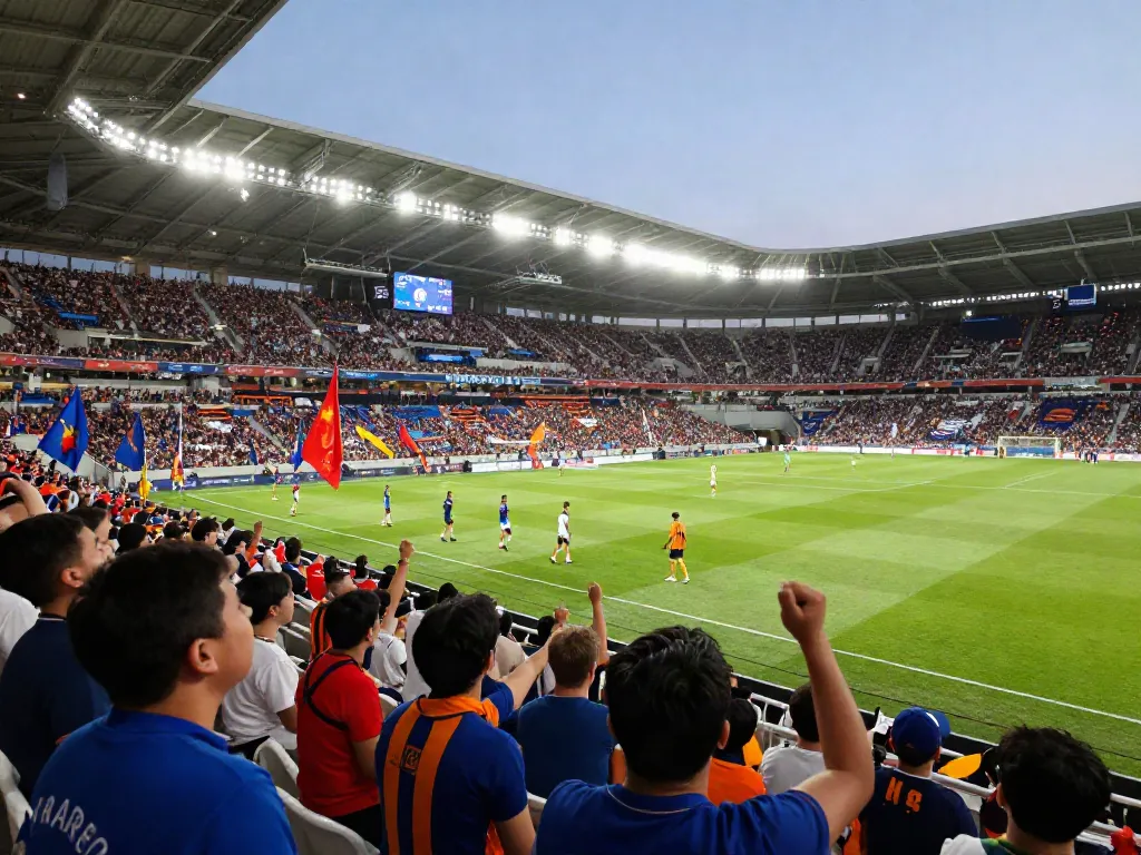 Exciting match day atmosphere at a football stadium, fans cheering and players warming up in a vibrant showcase of TOP10สนาม.