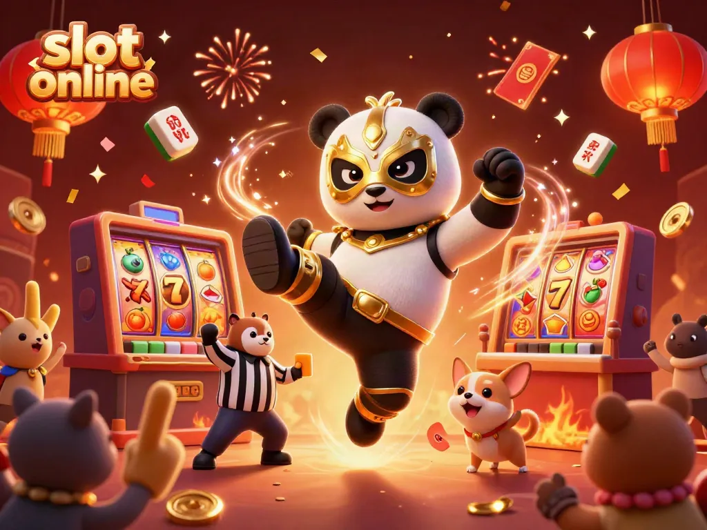 Exciting scene of a wrestler panda kicking in a slot online themed celebration.