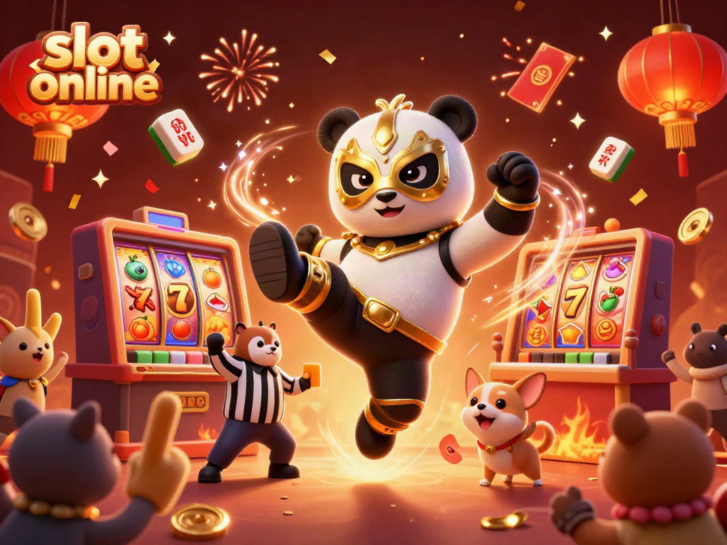 Exciting scene of a wrestler panda kicking in a slot online themed celebration.