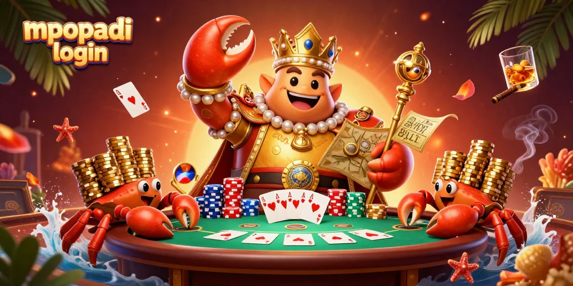 Engage with Mpopadi login for thrilling online slots, featuring a golden crab emperor and vibrant poker elements.