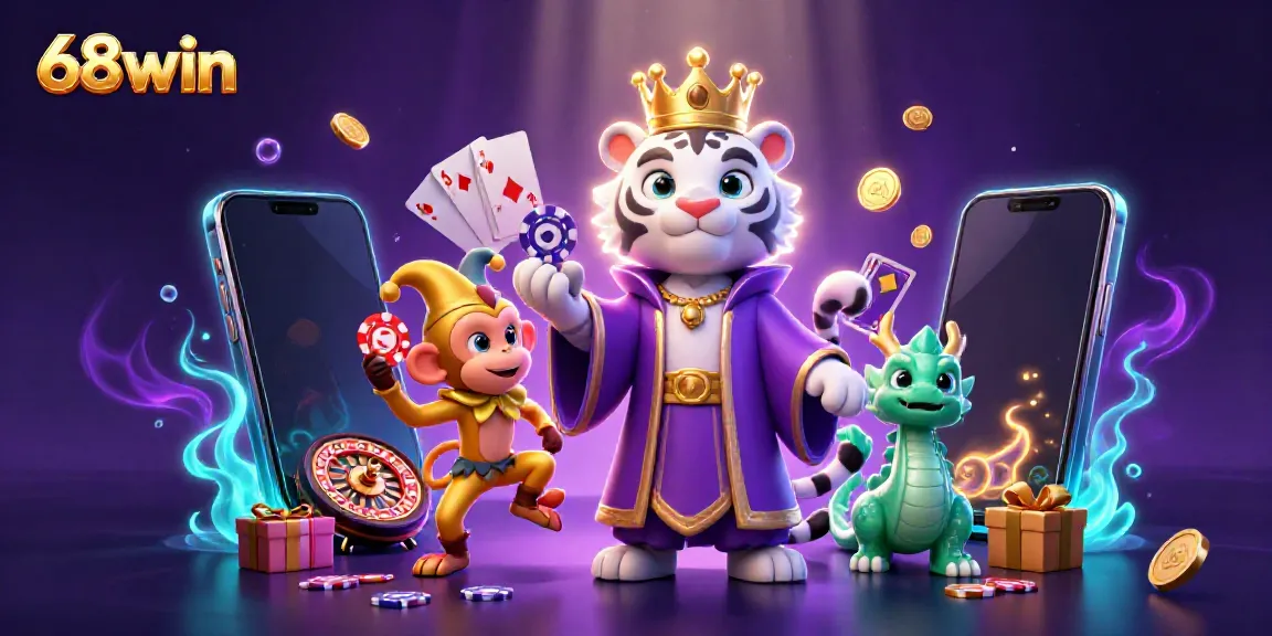 Experience the thrill of 68win with a vibrant casino scene featuring playful characters and dynamic gaming elements.