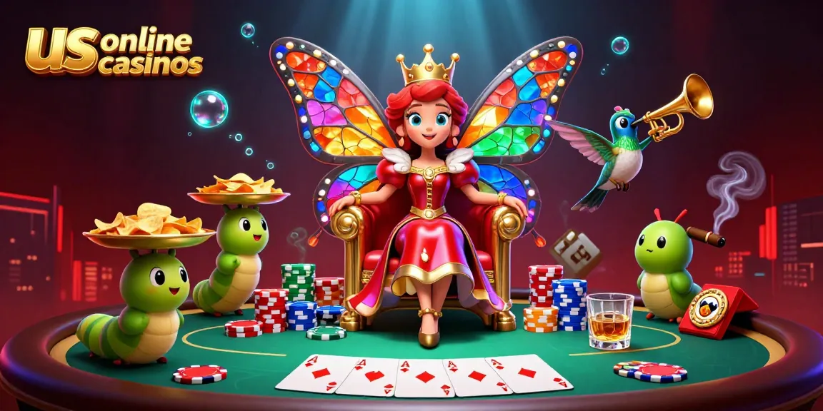 Engage with us online casinos in a vibrant illustrated scene of card games and fantasy characters.