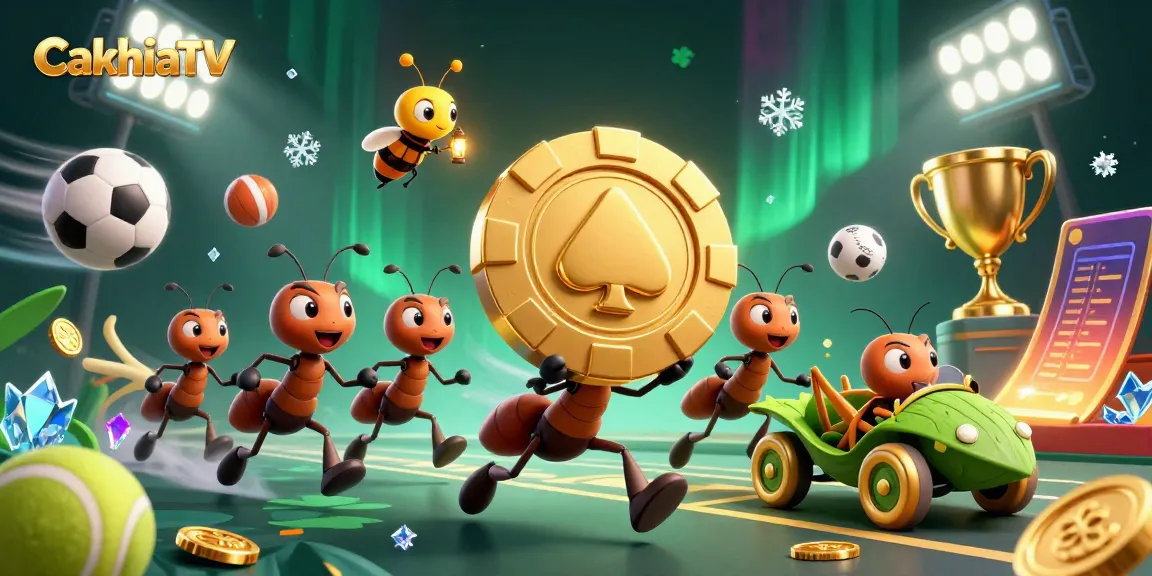 CakhiaTV showcases ants in a heist with golden poker chips, featuring dynamic sports elements.
