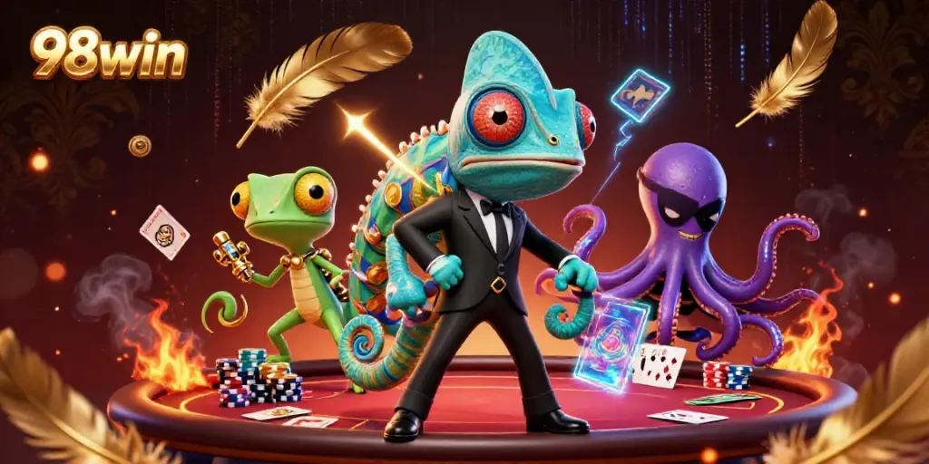 Engage with 98win's thrilling poker scene featuring colorful characters like a chameleon and a tech-savvy gecko.