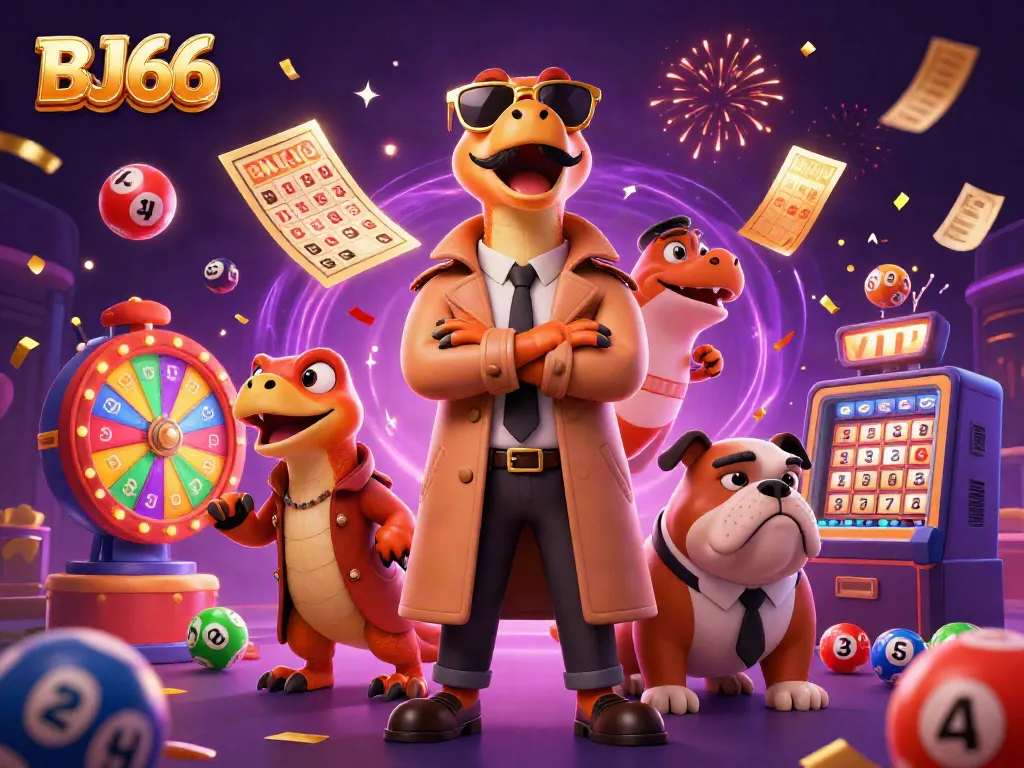 Engaging cartoon scene of BJ66 with raptors in a trench coat entering a casino, surrounded by vibrant lottery elements.