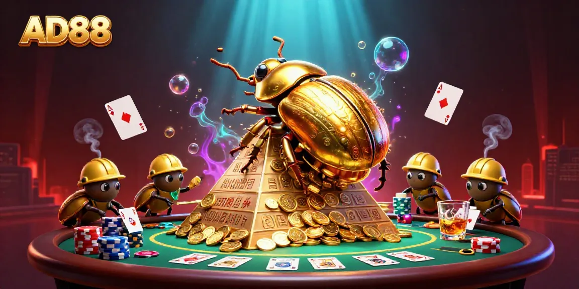 Engaging AD88 illustration of a golden beetle in a casino-themed scene with poker elements.