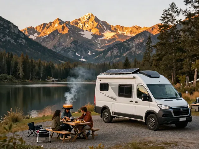 Lithium batteries for RV charging on a scenic mountain campsite with family enjoying outdoor cooking.