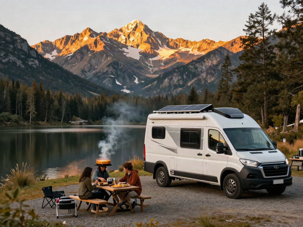 Lithium batteries for RV charging on a scenic mountain campsite with family enjoying outdoor cooking.