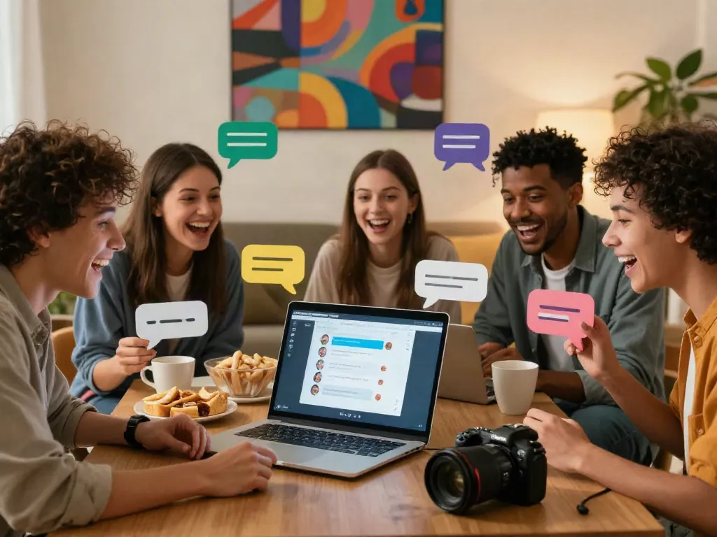 Engaging spicy AI chat interaction among friends in cozy settings.