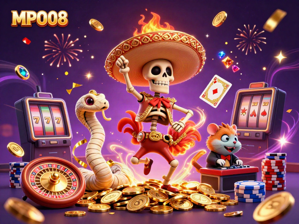 Celebrate big wins with MPO08 in this vibrant 3D casino scene featuring exciting game elements.