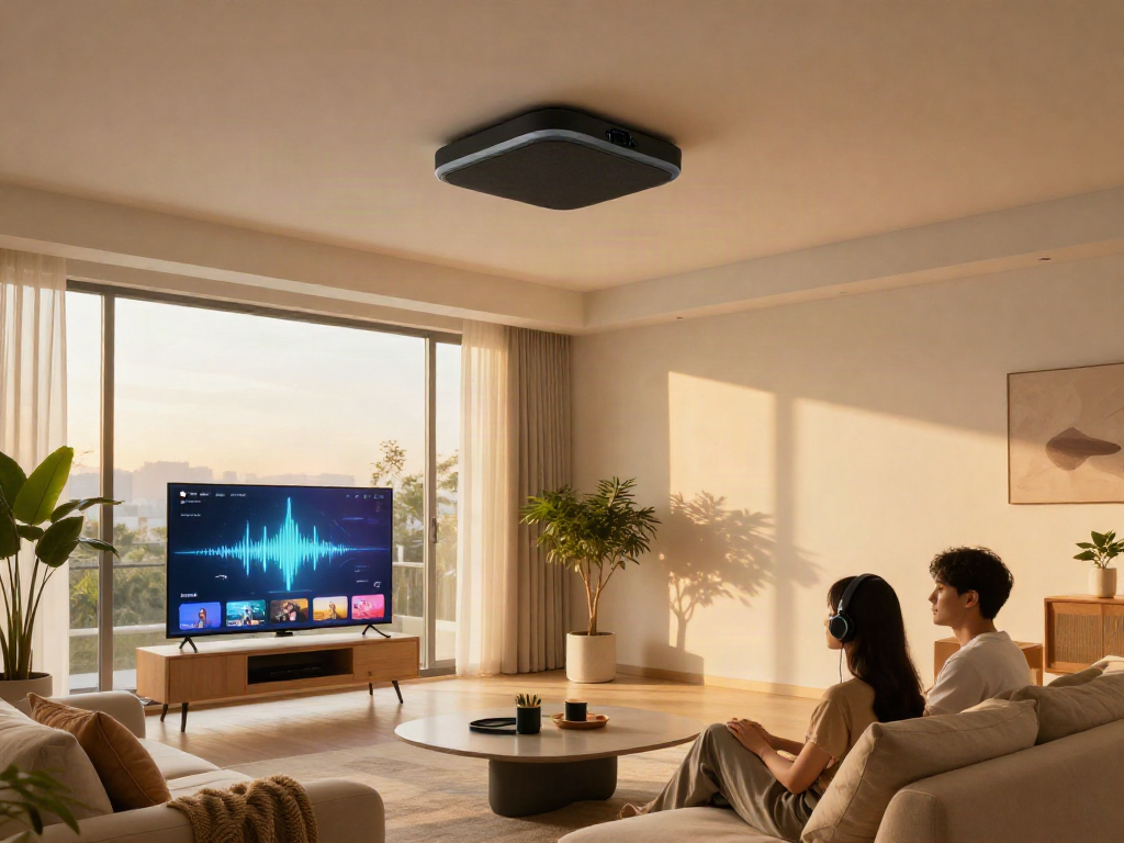 Spacious living room with stylish اسپیکر سقفی and a couple enjoying music together.