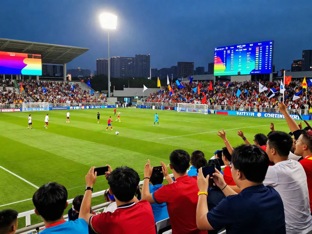 Exciting football match scene showing fans cheering and players in action with live score updates, highlighting ผลบอลสด.