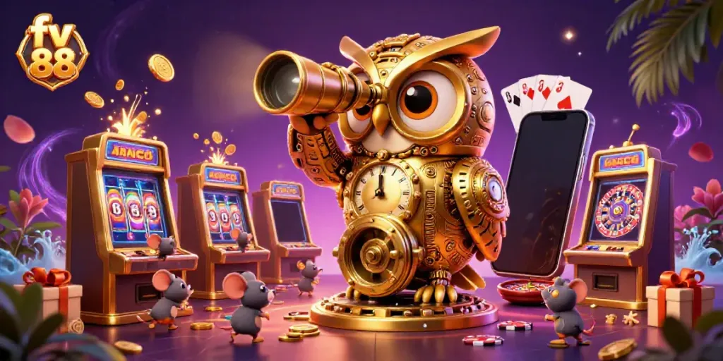 Experience fun with fv 88 as an owl and mice enjoy vibrant casino games and excitement.