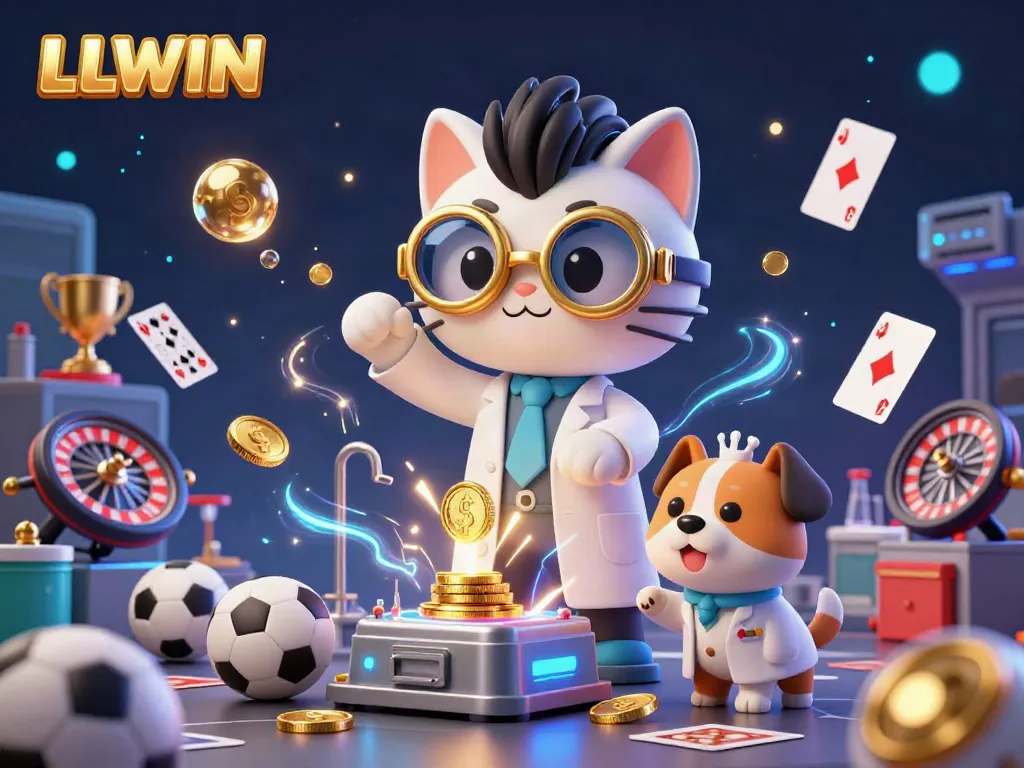 Experience exciting sports betting action with LLWIN in a vibrant 3D illustration of a mad scientist cat and a loyal dog amidst flying game elements.