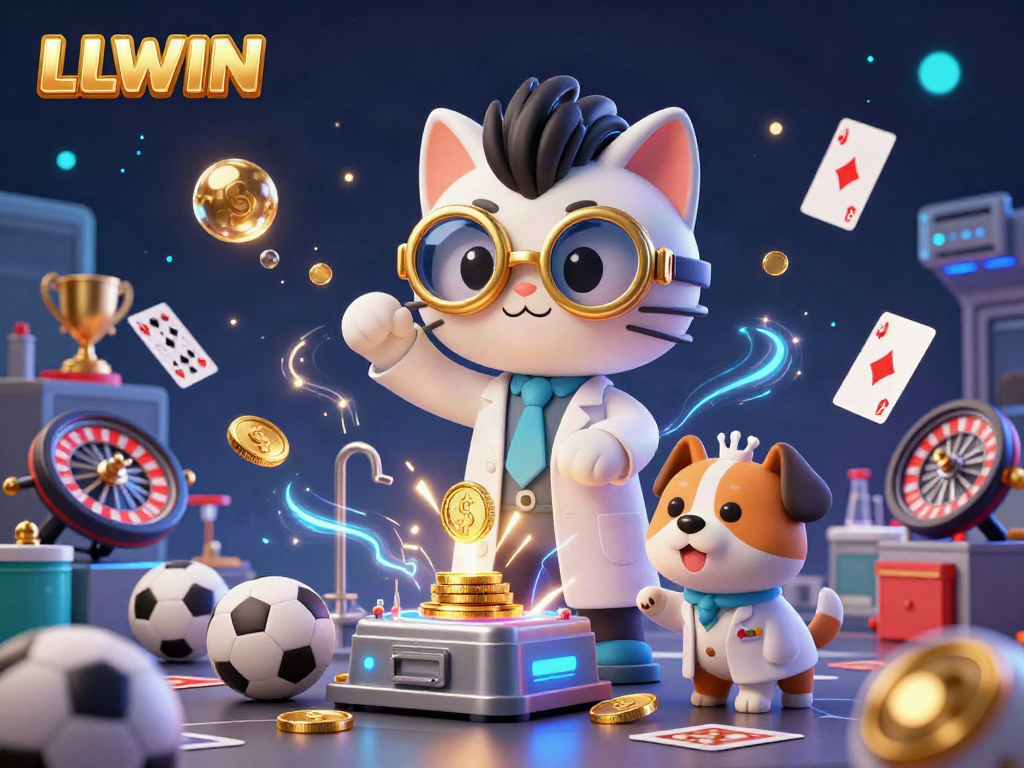 Experience exciting sports betting action with LLWIN in a vibrant 3D illustration of a mad scientist cat and a loyal dog amidst flying game elements.