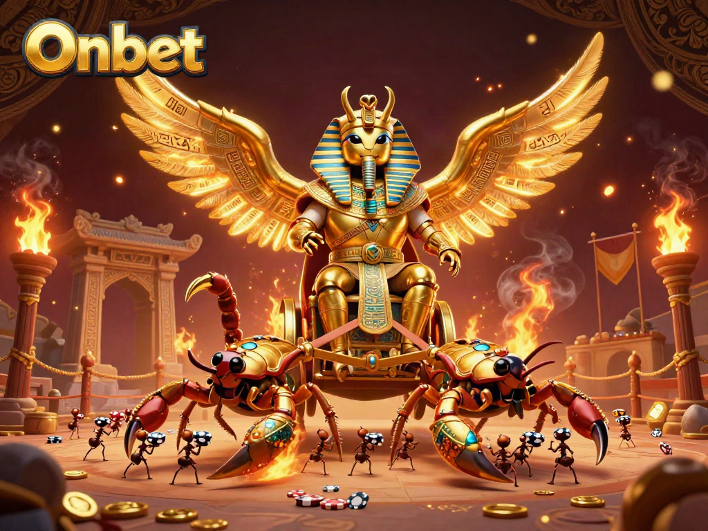 Onbet showcases a vibrant scene with a golden scarab beetle and scorpions amidst dynamic casino elements, representing thrilling gambling action.
