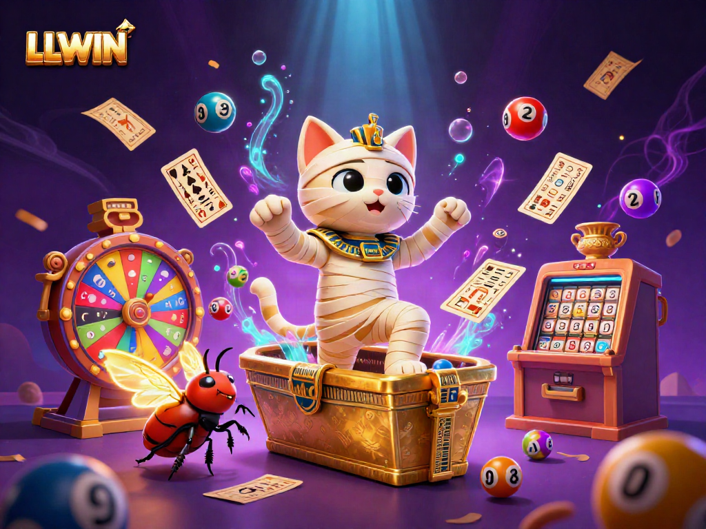 Experience vibrant LLWIN gambling action with a mummy and scarab in a dynamic pyramid casino scene.