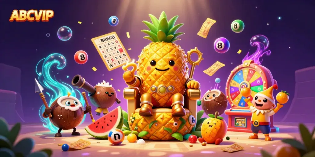Experience the excitement of ABCVIP's online casino with vibrant scenes featuring a playful pineapple king and lively games.