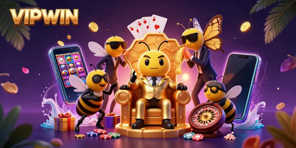 Experience VIPWIN fun with a bumblebee mob boss in a vibrant casino scene.