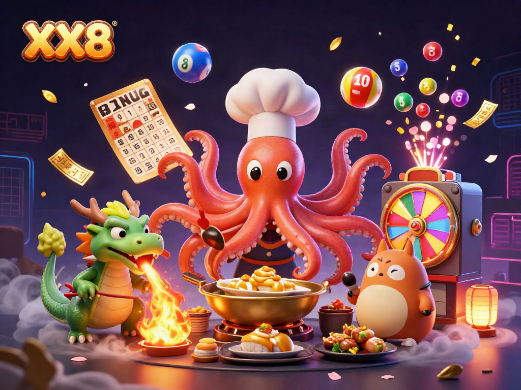 Experience the thrill of XX8 casino games with vibrant lottery balls, a sushi chef, and a dragon.