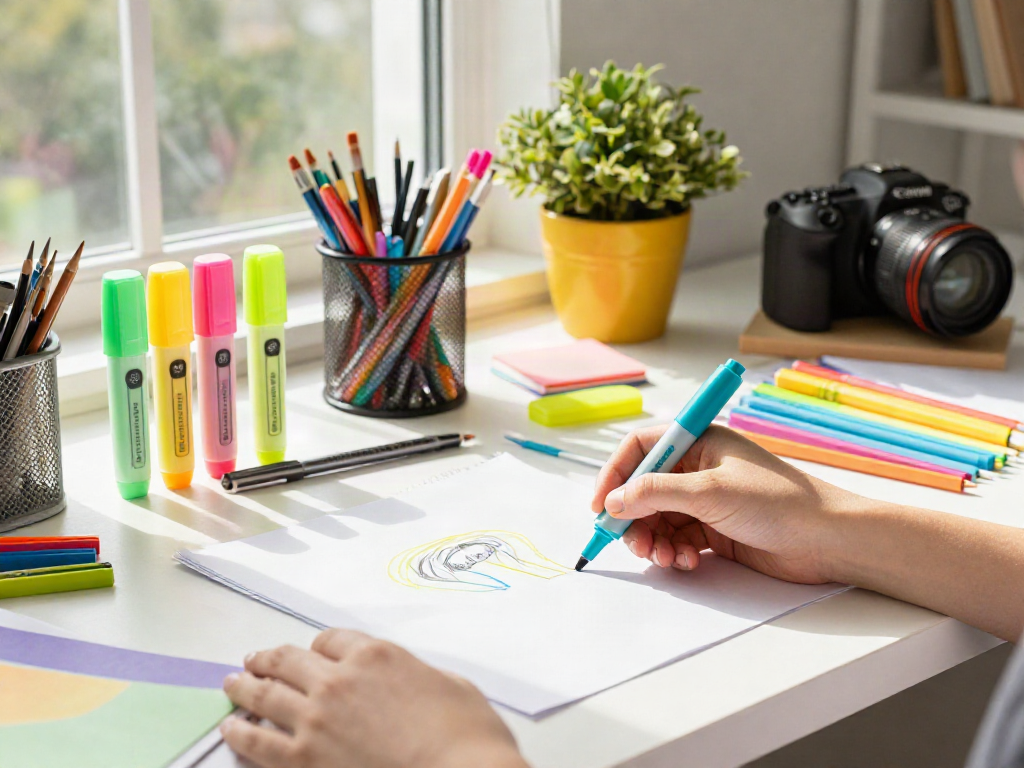 Highlighter manufacturer showcasing colorful highlighter pens in a workspace.