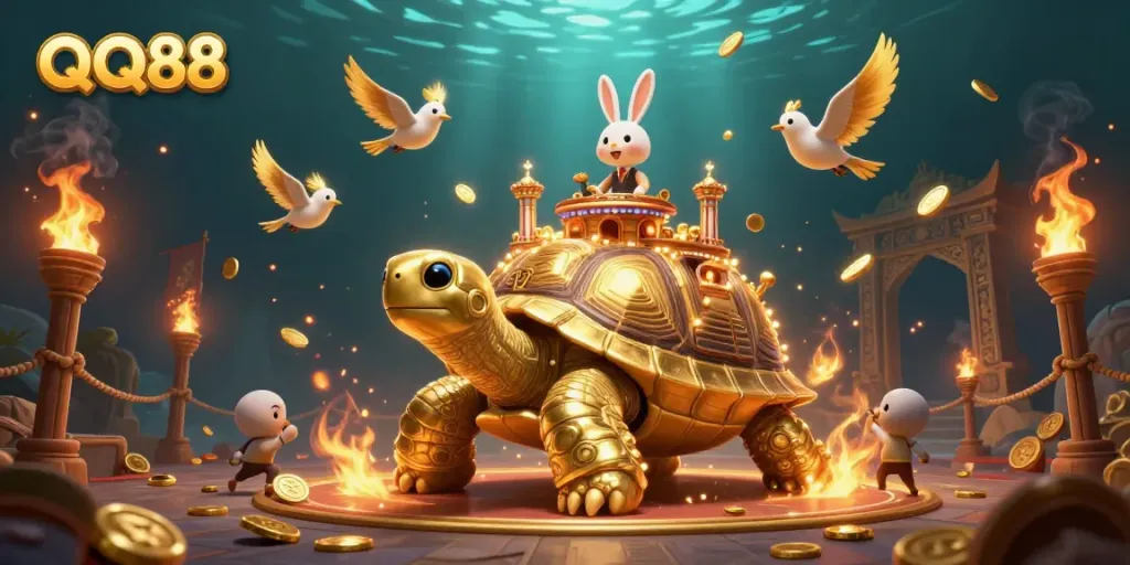Experience gaming excitement with QQ88's vibrant cartoon scene teeming with gold coins and dynamic energy.