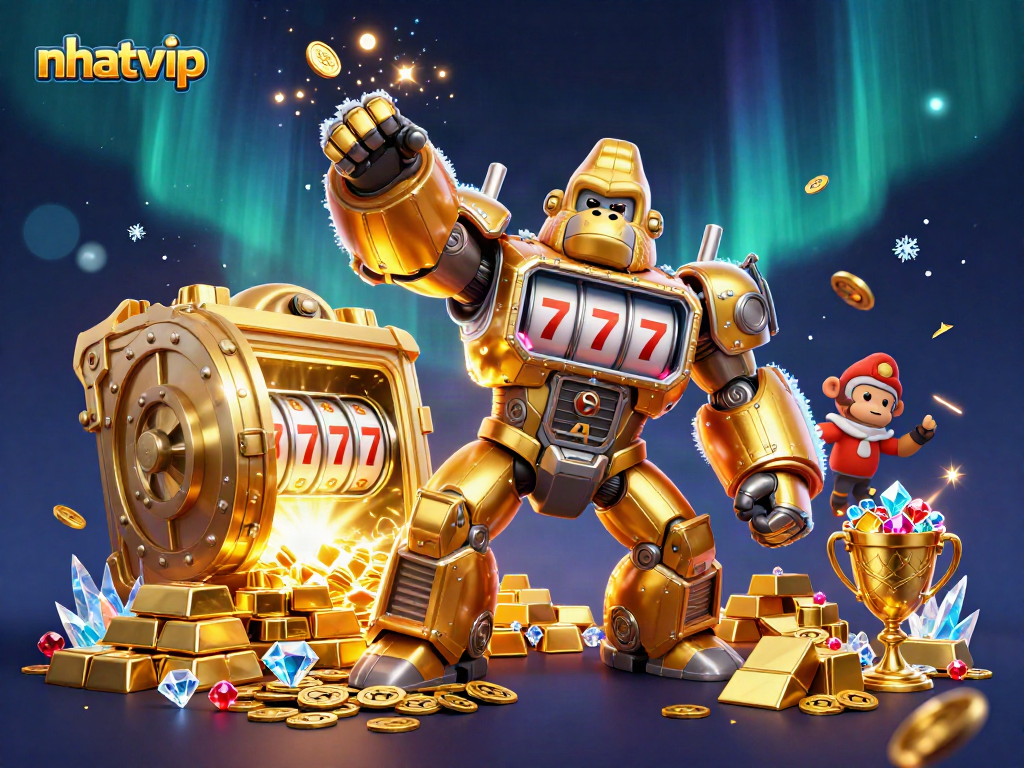 Nhatvip gamifies online gambling with an exciting golden gorilla mech bursting with treasures.