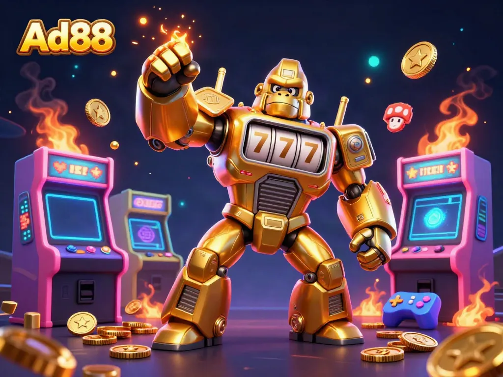 Experience Ad88's vibrant online gaming with a golden gorilla mech and dynamic arcade elements.