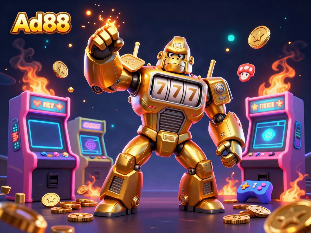 Experience Ad88's vibrant online gaming with a golden gorilla mech and dynamic arcade elements.