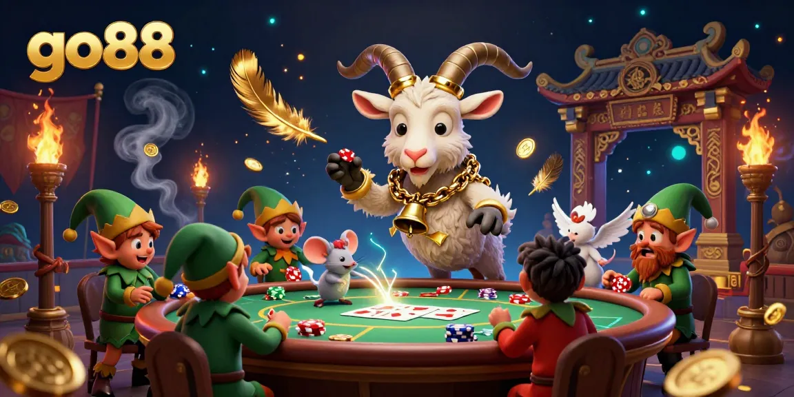 Experience thrilling casino gameplay with go88, featuring a festive Krampus managing chaos amidst poker chip-stealing gremlins.