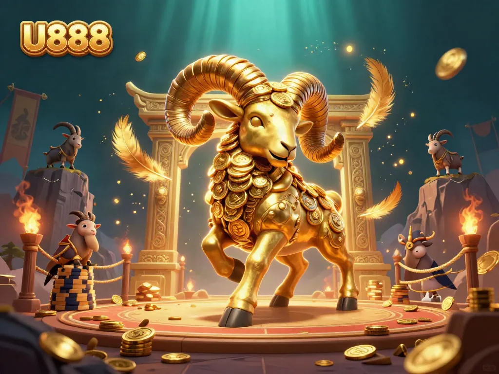 Experience thrilling U888 casino action with a golden ram charging through a vibrant gaming arena.
