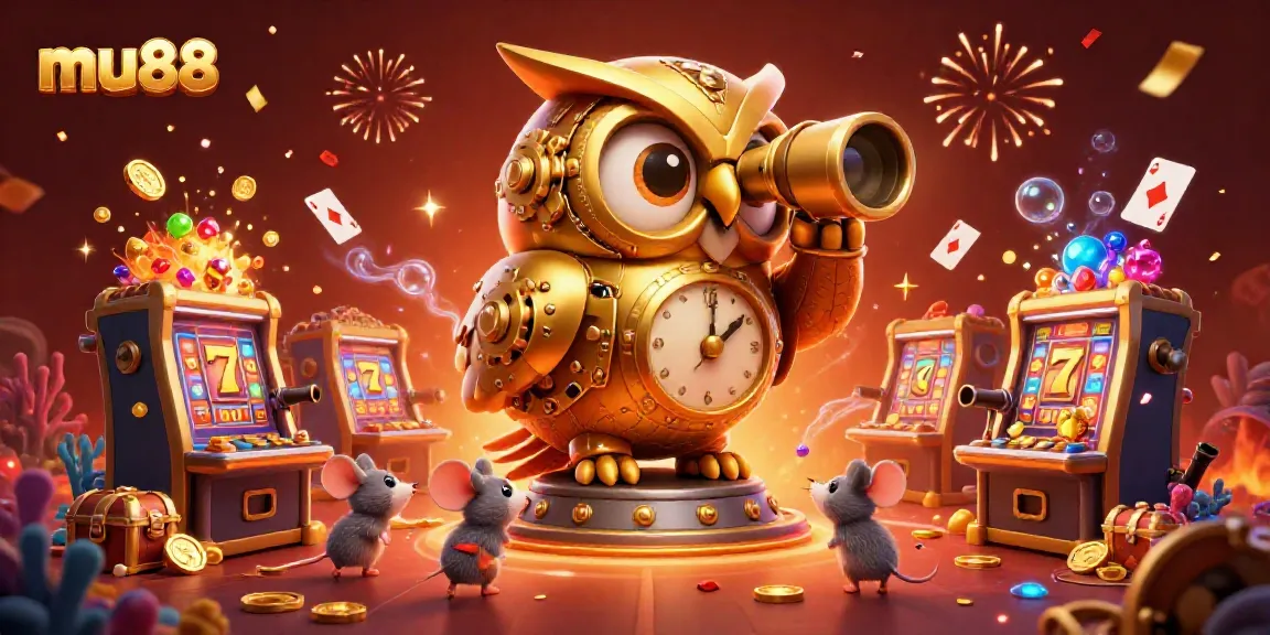Experience thrilling gaming at mu88 with a whimsical 3D owl and lively mice on a vibrant casino floor.