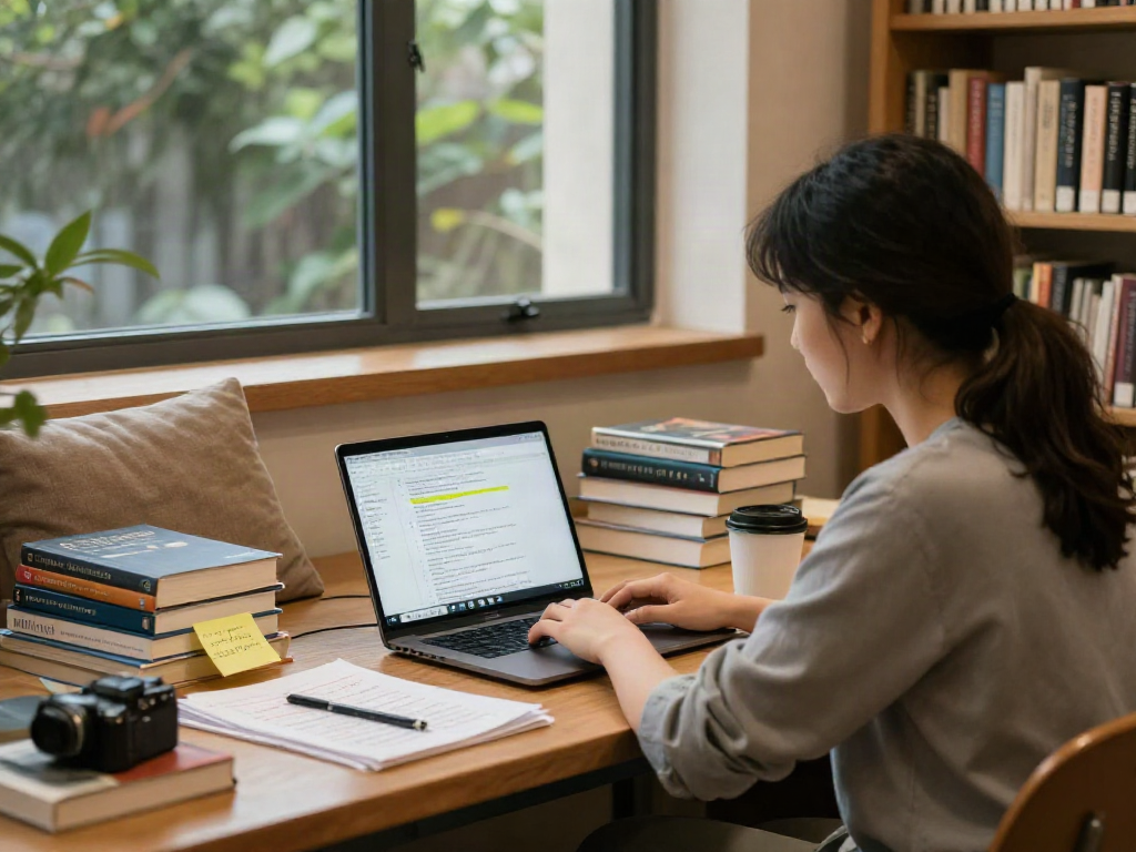 Student reviewing academic referencing while using citation software in a cozy library.