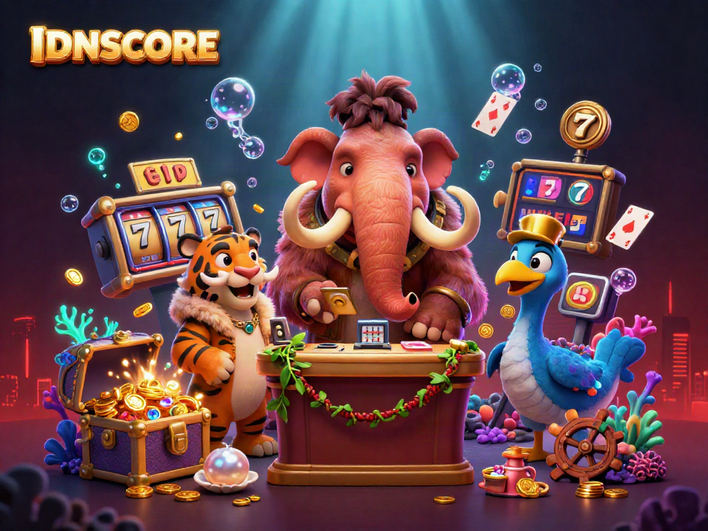 IDNSCORE casino scene with vibrant characters featuring a mammoth bouncer and a saber-tooth tiger VIP