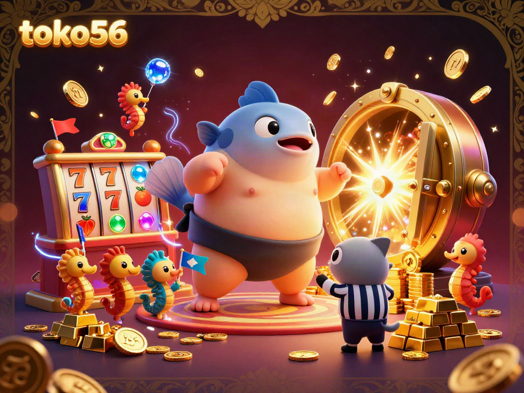 Permainan slot mengasyikkan di toko56 dengan ikan fugu dan penonton seahorse.