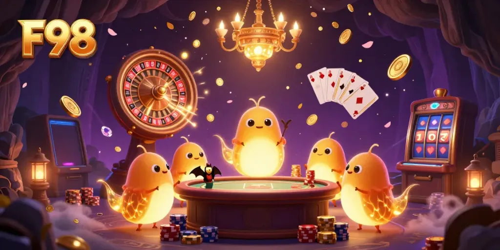 Experience the excitement of F98 in a vibrant cave casino lit by glowing worms and a bat dealer.