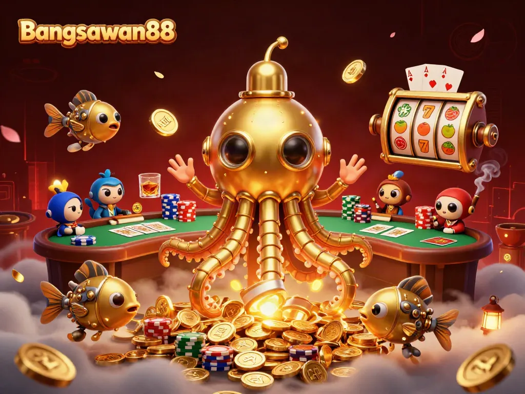 Bangsawan88 invites players into action with a golden kraken submarine emerging from coins amidst casino elements.