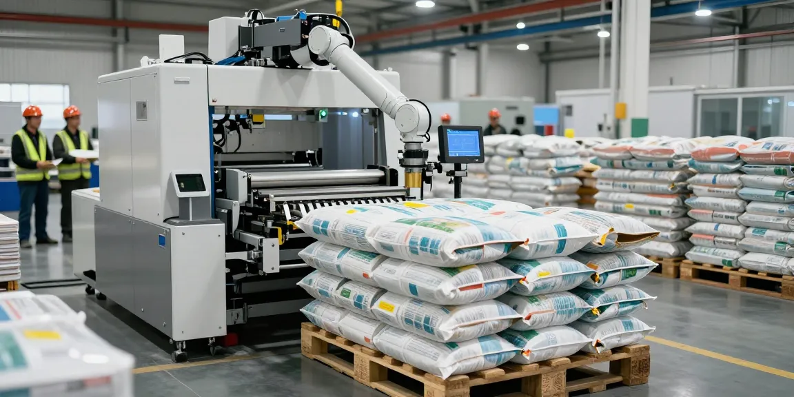 Efficient automatic bag palletizer machine stacking bags in a modern warehouse, enhancing productivity.