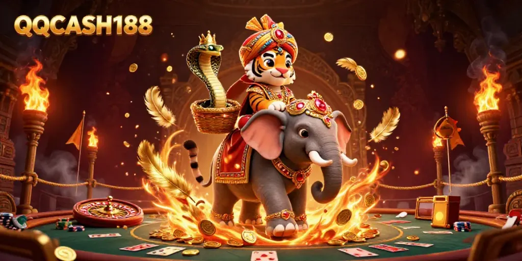 Bet on excitement with QQCASH188’s vibrant 3D casino illustration featuring thrilling elements.