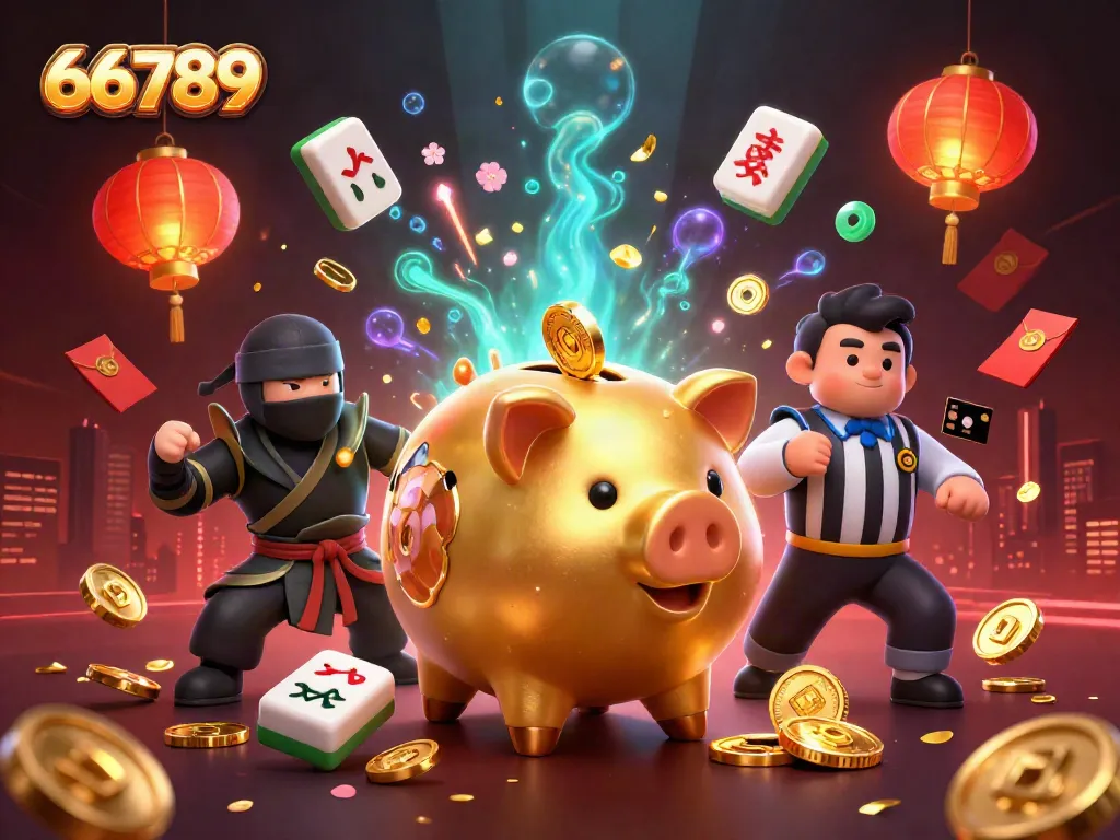 Experience the thrill of 66789 with dynamic gaming elements featuring a golden piggy bank sumo wrestler and characters immersed in action.