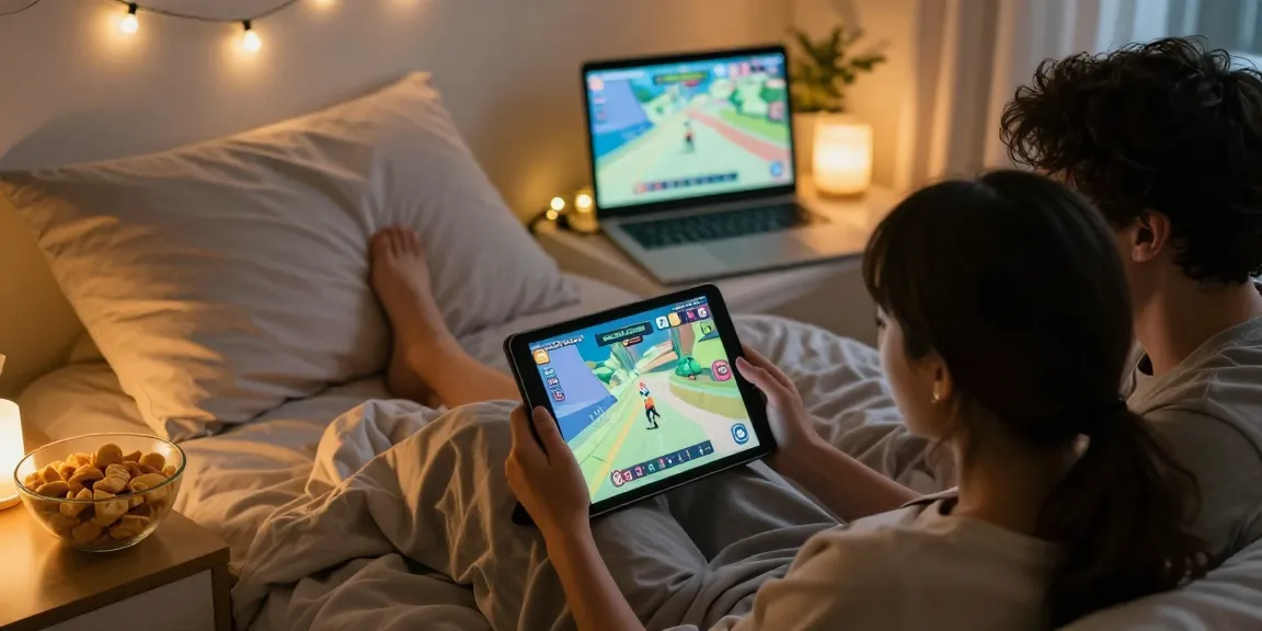 Couple enjoying an xxx game on a tablet in a cozy bedroom.