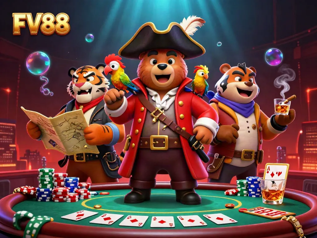 Engage with FV88 in a vibrant casino scene featuring a pirate bear, tiger, and parrot.