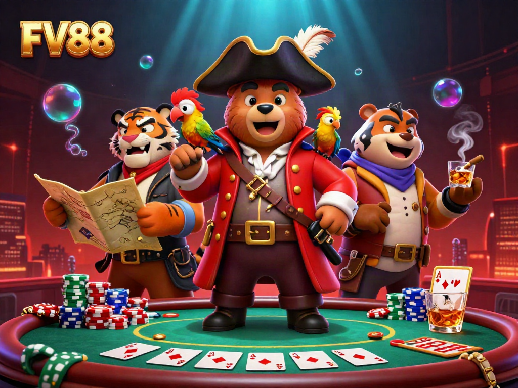 Engage with FV88 in a vibrant casino scene featuring a pirate bear, tiger, and parrot.