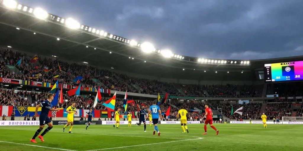Live football match with passionate fans cheering, showcasing dynamic action and vibrant atmosphere, featuring ผลบอลสด updates.
